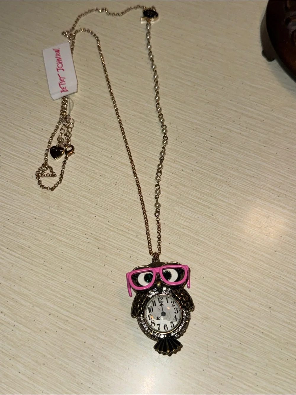 Betsey Johnson Bronze Owl Pendant Watch with Pink Glasses